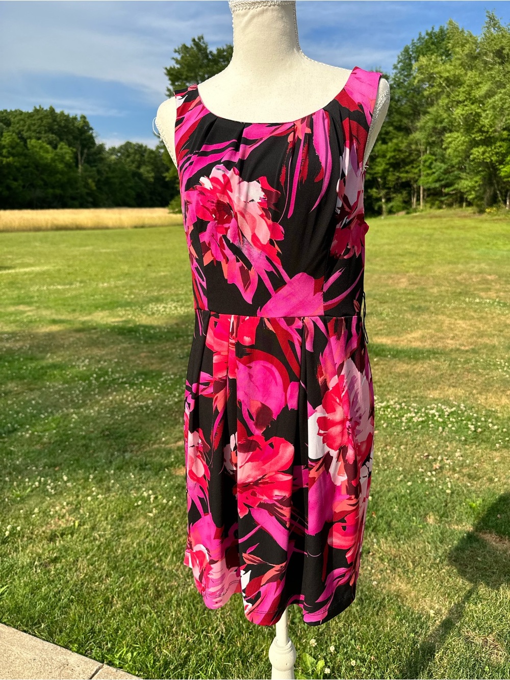 Bisou Bisou Black Midi Dress with Pink Floral Print